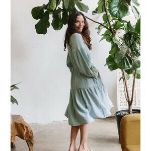 Sunday Long Sleeve Tiered Midi Dress in Sage Green